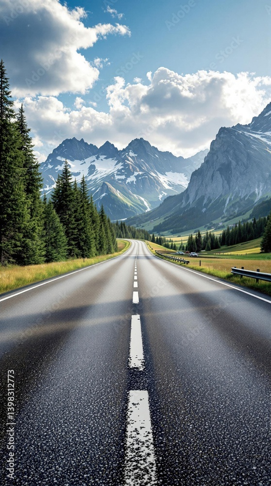 Fototapeta premium empty highway road leading to mountains, scenic travel route, endless journey, adventure drive, road trip experience, beautiful nature highway, open road perspective