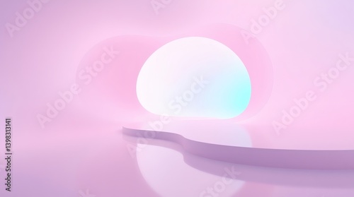 A sphere glows with blue in a pink, futuristic tunnel. It is a stock photo to illustrate generative AI image creation.

