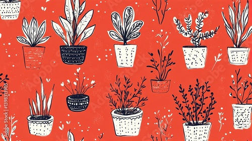Red Background Potted Plants Pattern: Hand Drawn Illustration, Black and White Plants, Vintage Style, Seamless Repeat Design