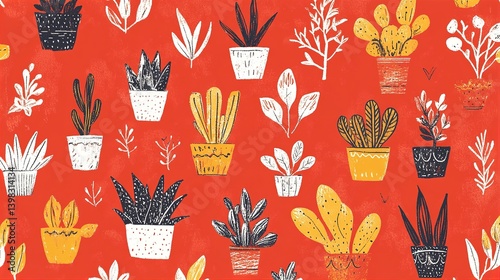 Red Background Plant Pot Pattern Illustration: Cute Hand Drawn Houseplants, Botanical Print, Whimsical Design, Vector Graphic