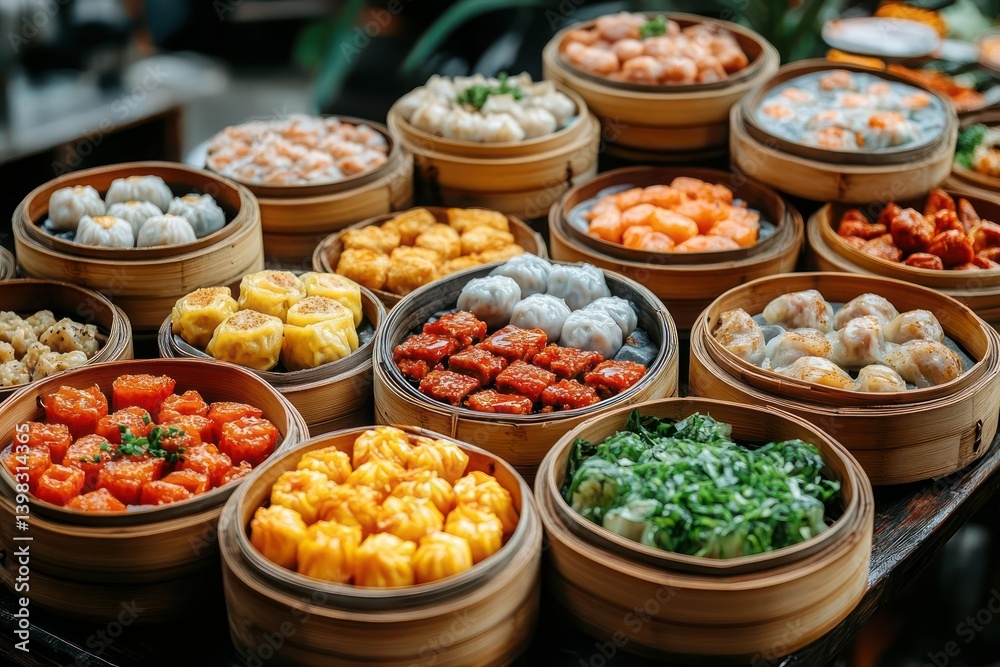 Diverse selection of steamed dumplings in bamboo baskets Diverse selection of steamed dumplings in bamboo baskets