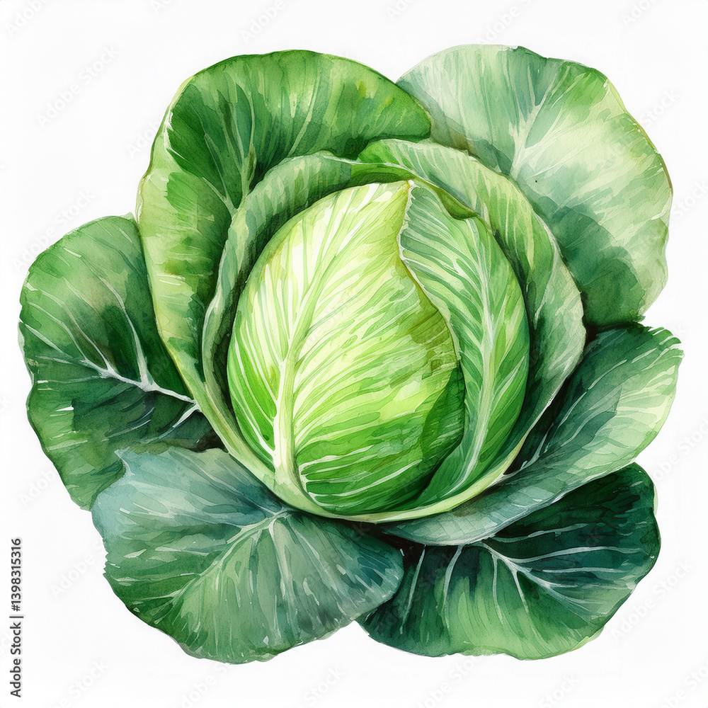 Obraz premium Watercolor painting of fresh green cabbage. Healthy farm vegetable. Vegan, organic food.