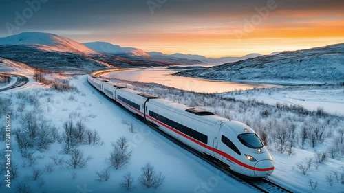 Wallpaper Mural Speeding Across the Snowy Plains: A sleek, modern train speeds along a snowy track, framed by a stunning landscape of mountains, water, and a vibrant sunrise, symbolizing journey and progress. Torontodigital.ca