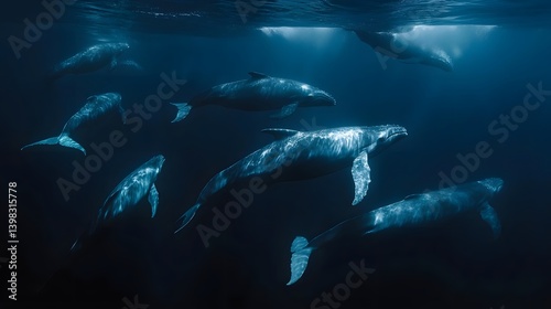 Mysterious Oceanic Gathering: A captivating underwater scene of a pod of whales gracefully navigating the deep blue sea.