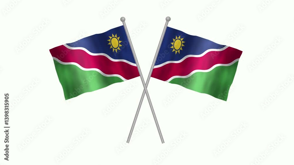 Flag of Namibia, Cross table flag of Namibia on white screen, Namibia 3D Animation flag waving in the wind isolated on white Background. 
