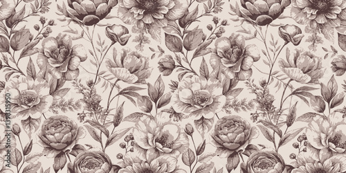 Elegant floral pattern in sepia tones featuring blooming roses and delicate foliage.