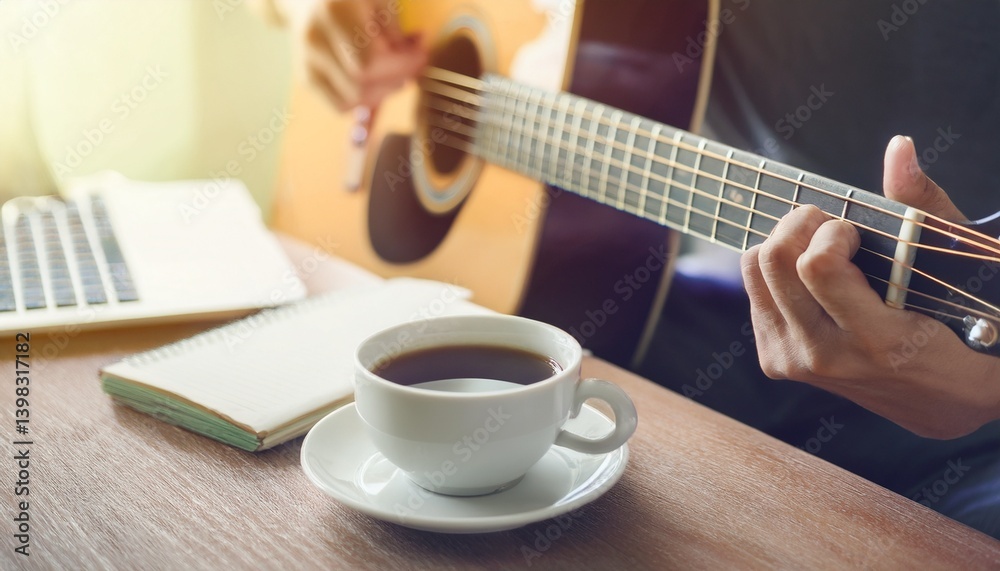 Fototapeta premium A cup of coffee and hands playing a guitar