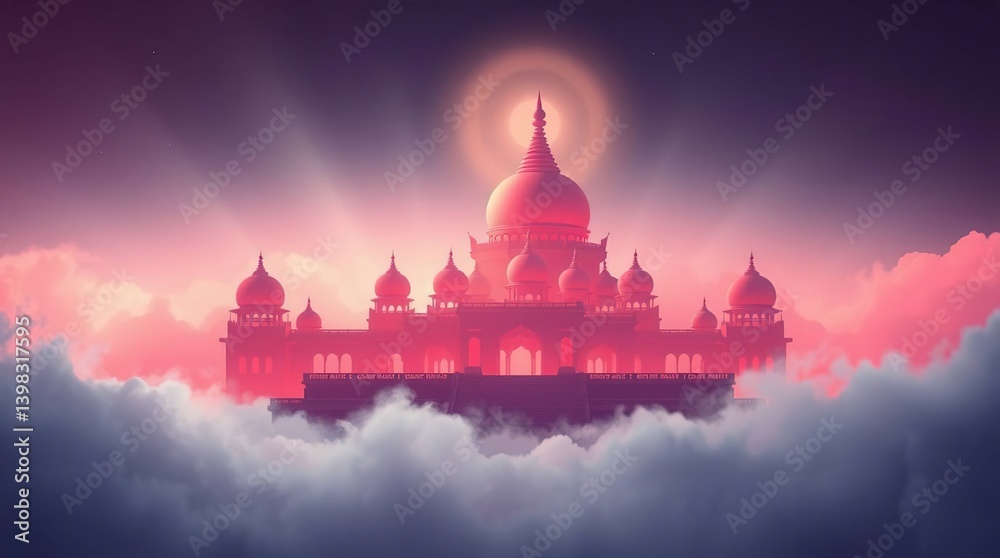 Obraz premium Majestic Temple Floating Above Clouds at Sunset: A Tranquil Spiritual Scene