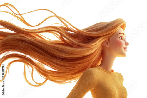 3D character woman with long flowing hair looking forward isolated on transparent png background