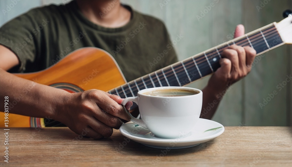 Fototapeta premium A cup of coffee and hands playing a guitar