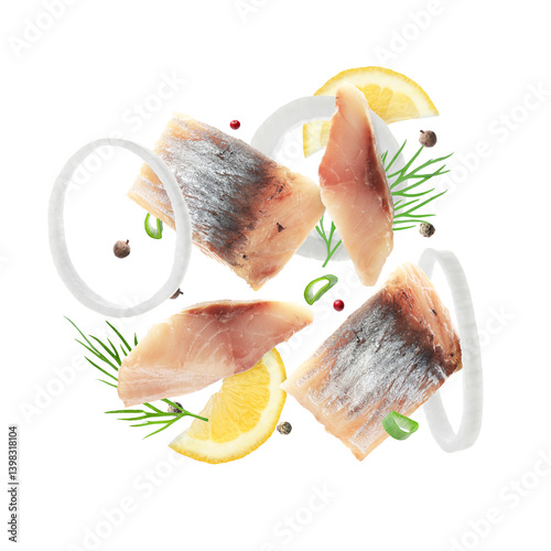 Obraz na płótnie Pieces of herring, lemon, onion, dill and peppers mix in air on white background w salonie