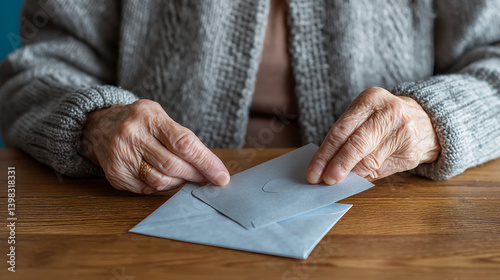 Elderly woman tucking letter into envelope and sealing it