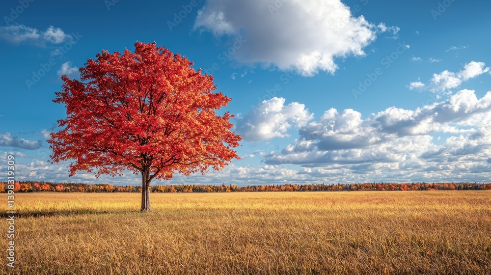 Solitary Autumn Glory: A Vibrant Maple in a Golden Field Solitary Autumn Glory: A Vibrant Maple in a Golden Field