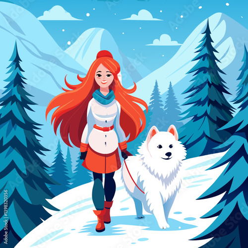 A Woman and Her Dog Enjoying a Snowy Mountain Landscape.