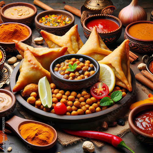 Delicious Indian Samosa with Chana Masala and an Array of Traditional Snacks 