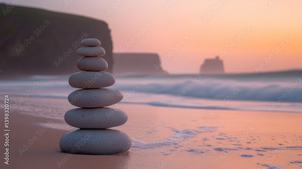 Peaceful stones balanced on beach at sunrise Peaceful stones balanced on beach at sunrise