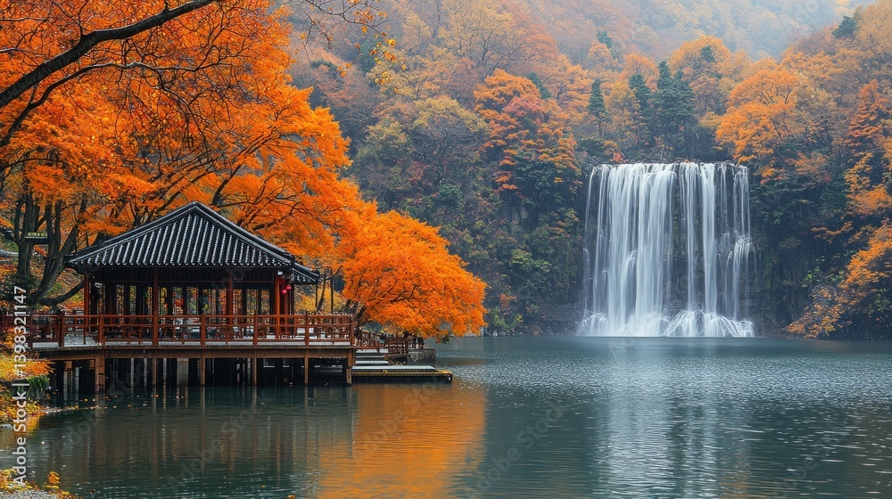 Fototapeta premium Autumn Waterfall Serenity: Pavilion by a Tranquil Lake