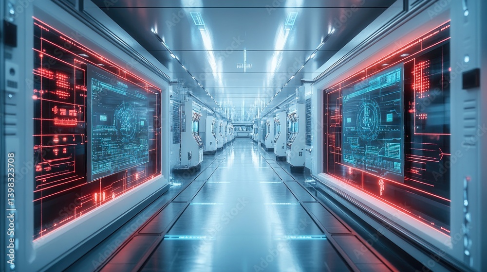 Futuristic corridor featuring glowing digital displays and modern technology Futuristic corridor featuring glowing digital displays and modern technology