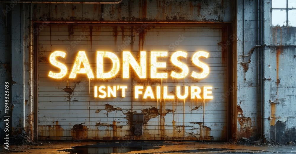 Fototapeta premium Glowing phrase sadness isn t failure in white and gold mounted on cracked warehouse door with rust puddles and peeling paint