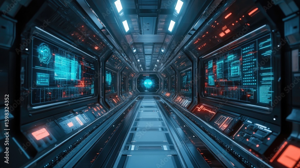 Fototapeta premium Futuristic interior design depicting a technological spacecraft hallway structure