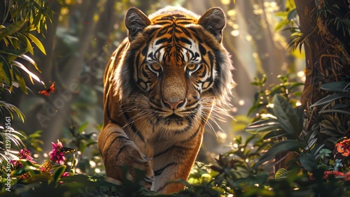Majestic Tiger in Serene Jungle: Sunlit Stripes, Lush Greenery, Colorful Birds and Butterflies in a Tropical Forest Scene