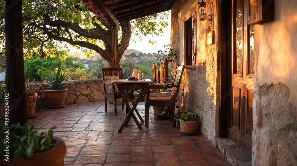 Fototapeta premium A peaceful outdoor patio with furniture and a natural setting