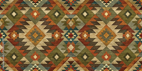 Intricate geometric pattern in earthy tones, reminiscent of traditional textile designs.