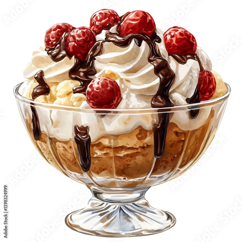 Ice Cream Sundae, watercolor illustration, isolated on a white background.


