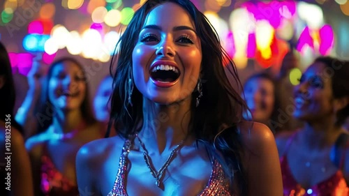 Wallpaper Mural Joyful Night Out: A Woman's Euphoric Expression Amidst Vibrant Party Lights Torontodigital.ca