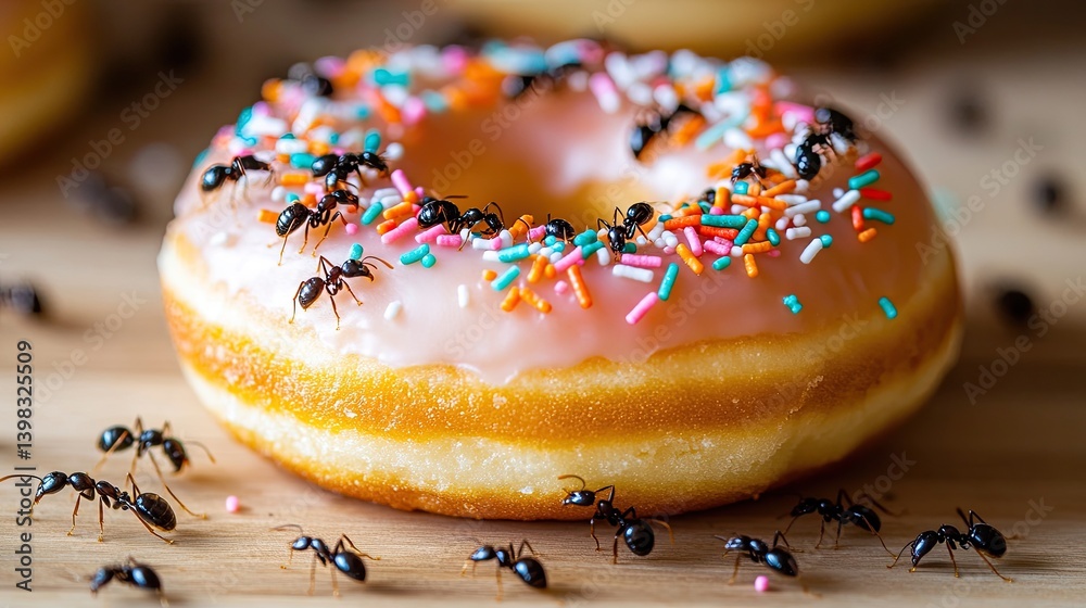 Ants carry off tiny sprinkles from a spilled doughnut, making it look like a sneaky dessert heist. Ants carry off tiny sprinkles from a spilled doughnut, making it look like a sneaky dessert heist.