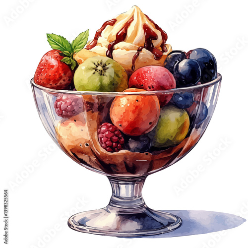 Ice Cream Sundae, watercolor illustration, isolated on a white background.

