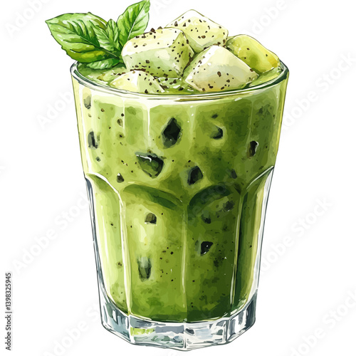 illustration of Ice Blended Matcha Latte, watercolor vector, isolated on a white background.