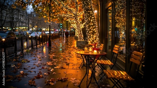 A charming evening scene of a cafe and lit up trees