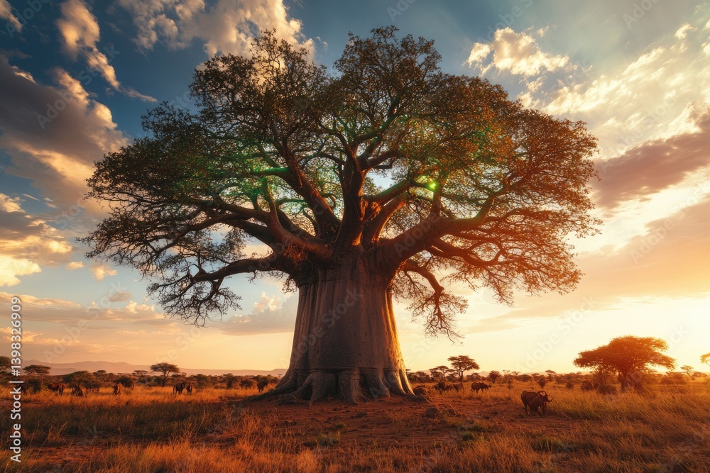 Naklejka premium Majestic baobab tree at sunset in African savanna, with antelopes grazing peacefully nearby.