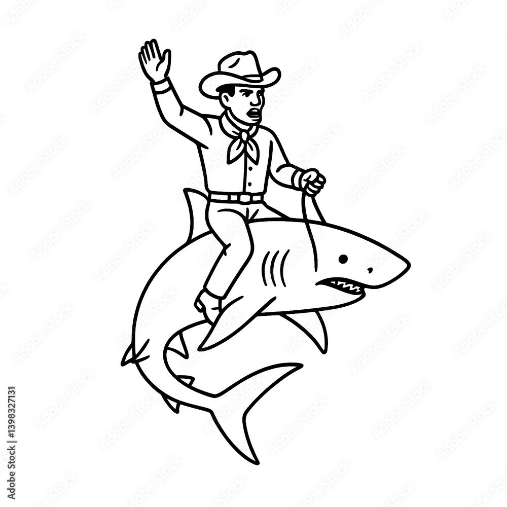 Funny Cowboy Riding Shark Vector Illustration