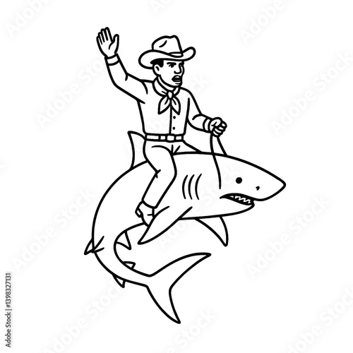 Funny Cowboy Riding Shark Vector Illustration