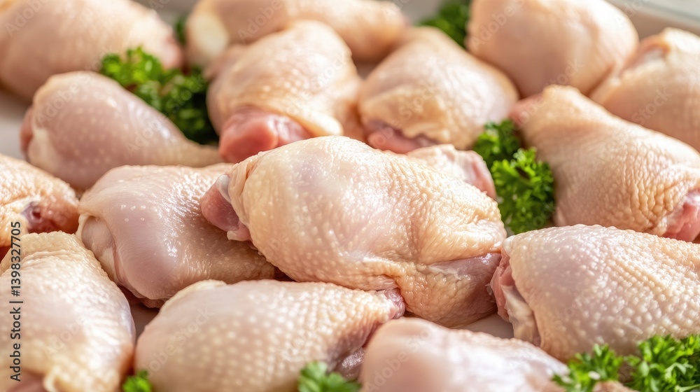 Fresh chicken pieces move along a clean conveyor belt in a meat processing plant, with workers in protective clothing organizing packaging. Fresh chicken pieces move along a clean conveyor belt in a meat processing plant, with workers in protective clothing organizing packaging.