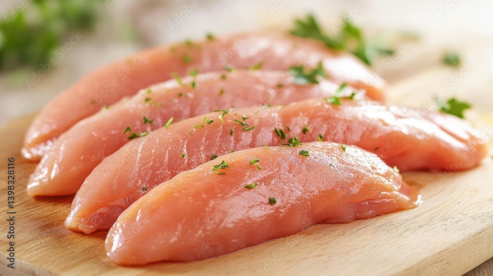 Raw chicken filets advance along processing belt with uniformed employees managing operations in the sanitized facility. Raw chicken filets advance along processing belt with uniformed employees managing operations in the sanitized facility.