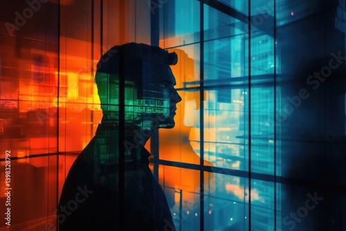 Silhouette of a man against a vibrant, colorful cityscape reflected in glass, conveying a sense of urban contemplation.