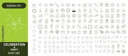 celebration & party line editable icon set. Birthday Line Icons Editable Stroke