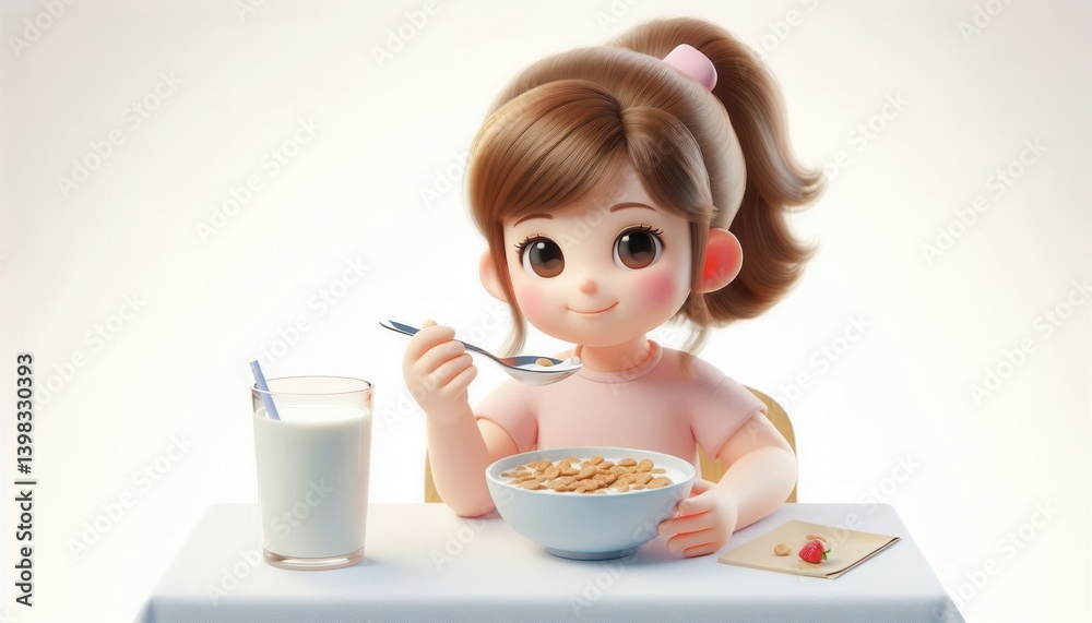 Child enjoying breakfast cereal with milk at home digital illustration cheerful atmosphere Child enjoying breakfast cereal with milk at home digital illustration cheerful atmosphere