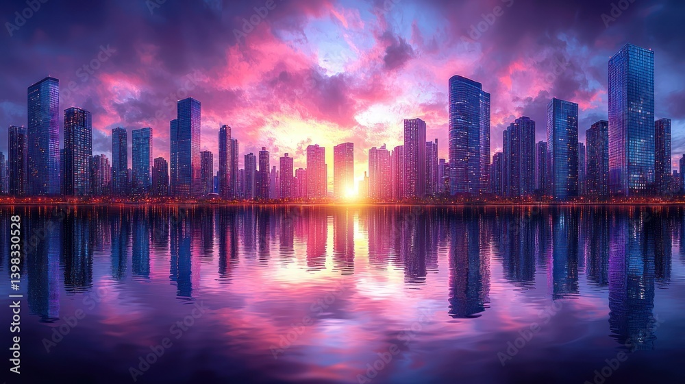 Fototapeta premium Sunset Cityscape Reflection: A Dreamlike Metropolis at Dusk