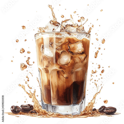 Iced Coffee, watercolor illustration, isolated on a white background.

