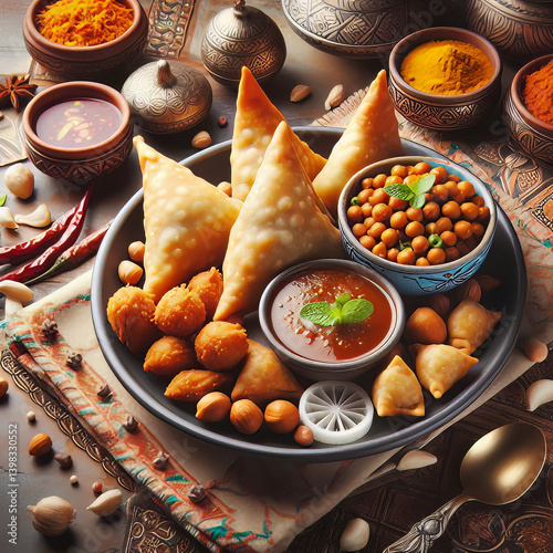 Delicious Indian Samosa with Chana Masala and an Array of Traditional Snacks 
