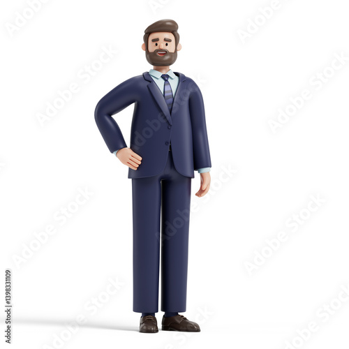 Confident man with hands on hips, symbolizing professionalism and self-assurance. 3D rendering, conceptual image. Isolated on white background.