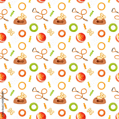 Seamless pattern with dog toys, leash, dog bowl