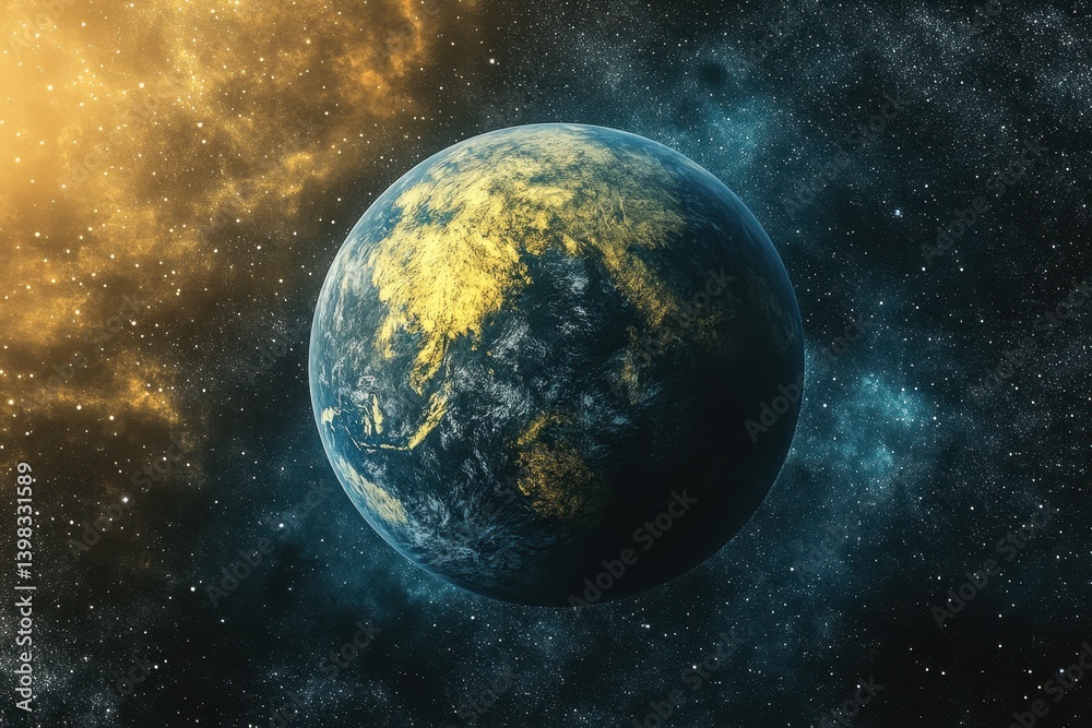 Fototapeta premium Planet Earth illuminated by golden light in the vast cosmos