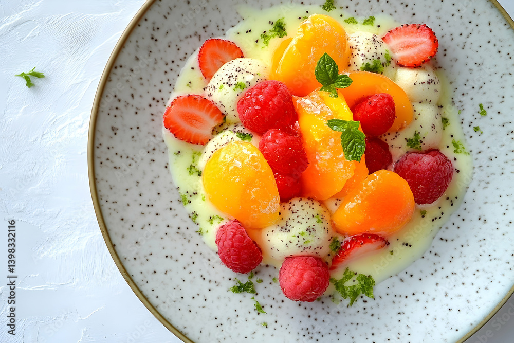 A colorful fruit salad with creamy spheres and a light citrus sauce. A colorful fruit salad with creamy spheres and a light citrus sauce.