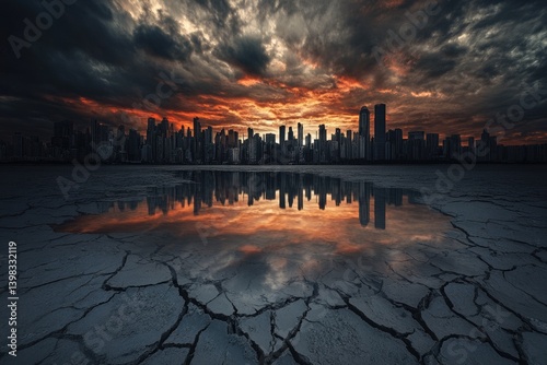 Fototapeta Naklejka Na Ścianę i Meble -  A dystopian city skyline reflected in a cracked, dried-up earth, fiery sunset.