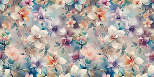 A vibrant floral pattern with colorful blossoms on a soft, blended background.